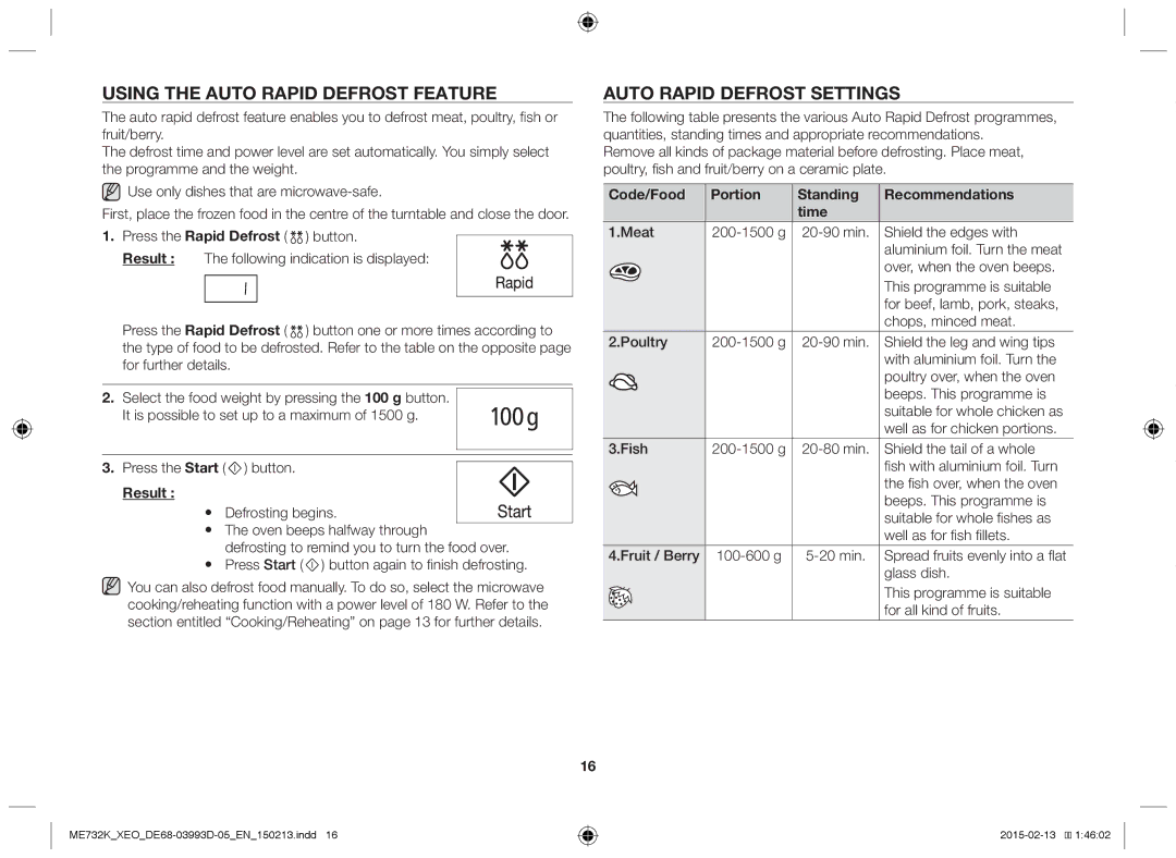 Samsung ME732K/AND, ME732K/ELE, ME732K/XEO, ME732K-S/XEO Using the auto rapid defrost feature, Auto rapid defrost settings 