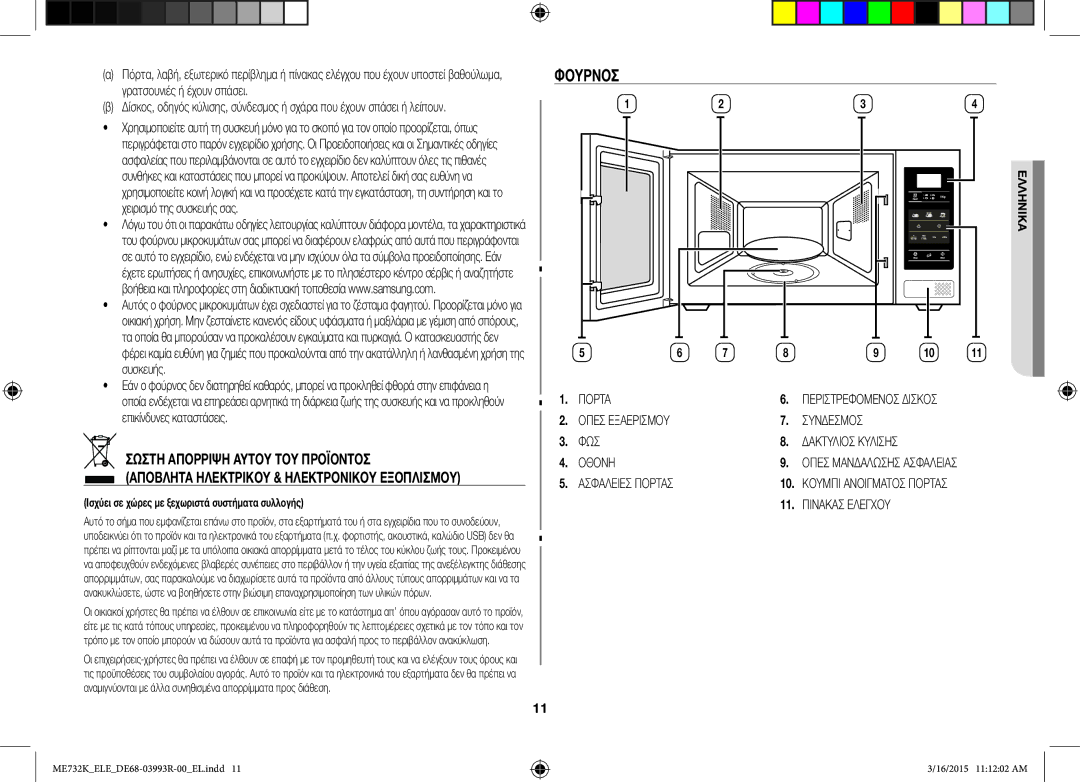 Samsung ME732K/XEO, ME732K/ELE manual Φούρνοσ, Σωστή Απόρριψη Αυτού ΤΟΥ Προϊόντοσ, Γρατσουνιές ή έχουν σπάσει, Συσκευής 