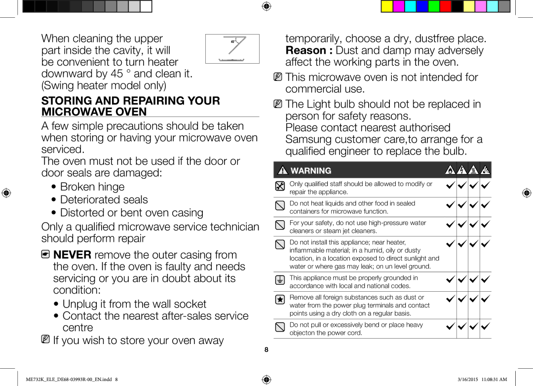 Samsung ME732K/AND, ME732K/ELE, ME732K/XEO manual Storing and Repairing Your Microwave Oven 