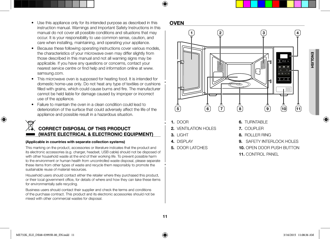 Samsung ME732K/AND, ME732K/ELE, ME732K/XEO manual Oven, Applicable in countries with separate collection systems 