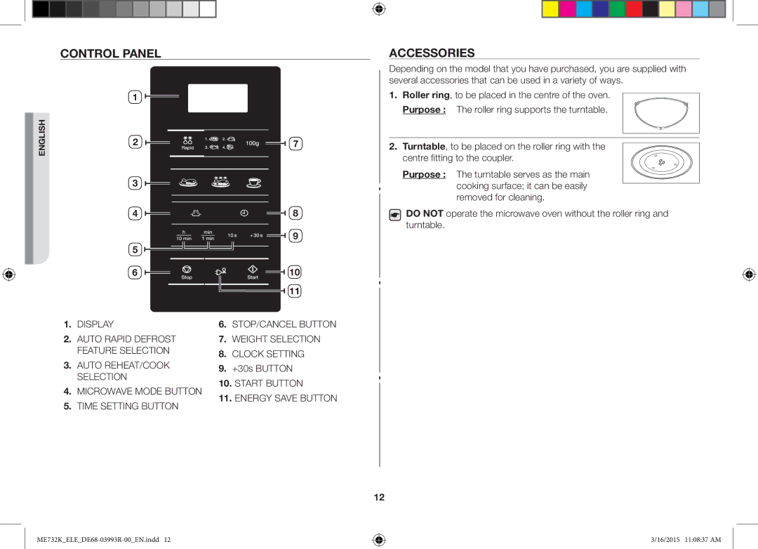 Samsung ME732K/XEO, ME732K/ELE, ME732K/AND manual Control Panel, Accessories, +30s Button 