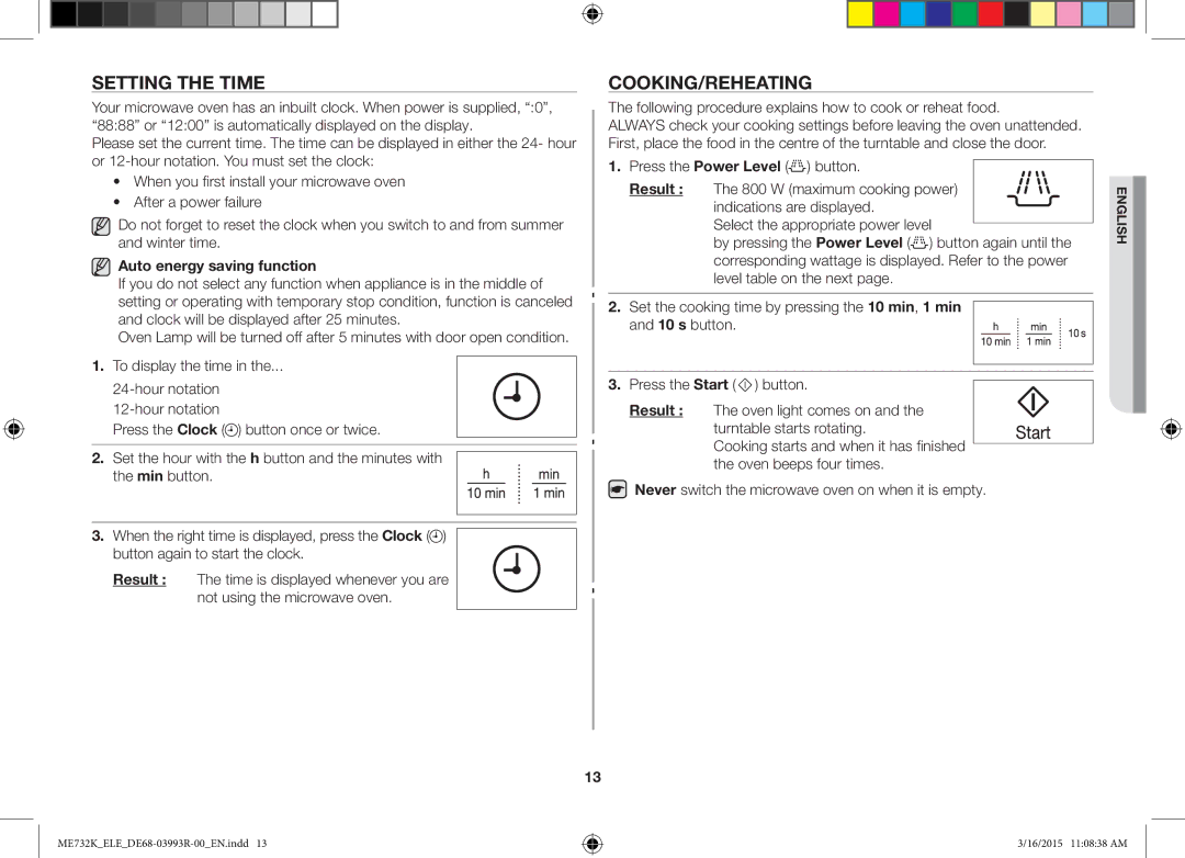 Samsung ME732K/ELE, ME732K/AND, ME732K/XEO manual Setting the Time, Cooking/Reheating, Auto energy saving function 