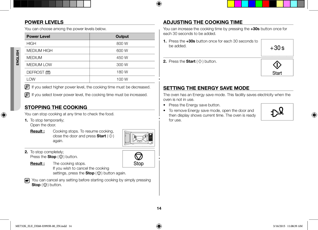 Samsung ME732K/AND manual Power Levels, Stopping the Cooking, Adjusting the Cooking Time, Setting the Energy Save Mode 