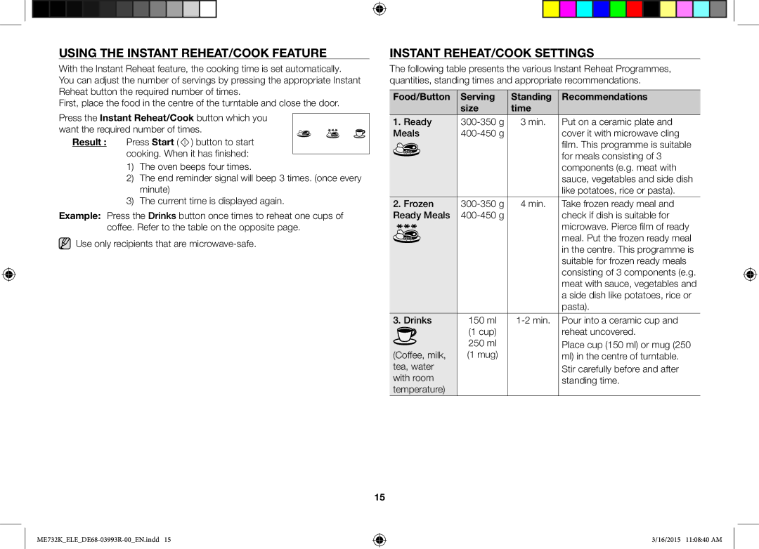 Samsung ME732K/XEO, ME732K/ELE, ME732K/AND manual Using the Instant REHEAT/COOK Feature, Instant REHEAT/COOK Settings 