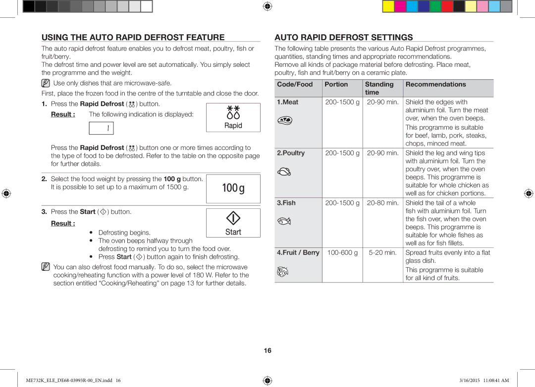 Samsung ME732K/ELE, ME732K/AND, ME732K/XEO manual Using the Auto Rapid Defrost Feature, Auto Rapid Defrost Settings 