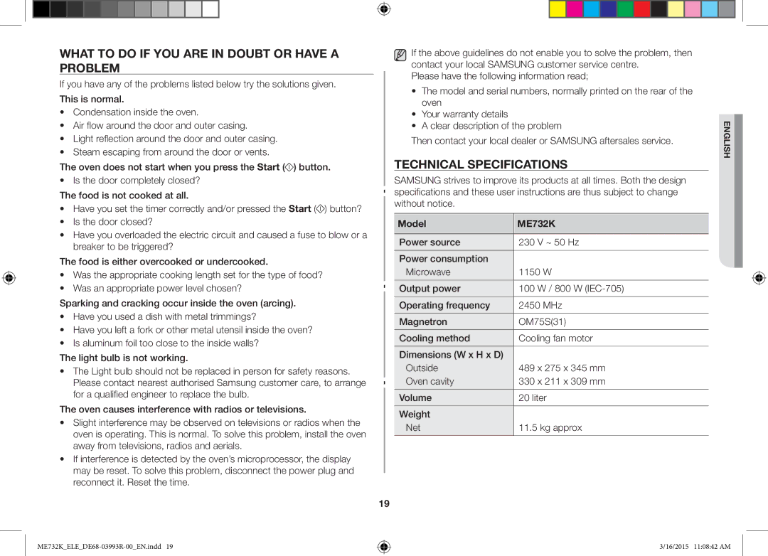 Samsung ME732K/ELE, ME732K/AND What to do if YOU are in Doubt or have a Problem, Technical Specifications, Model ME732K 