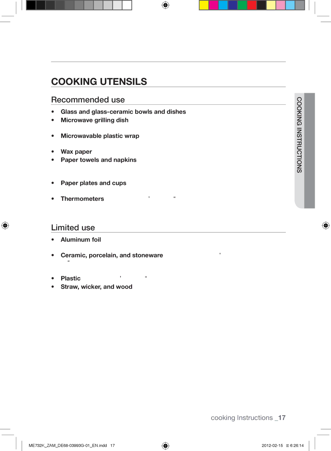 Samsung ME732K/ZAM manual Cooking instructions, Cooking utensils, Recommended use, Limited use 