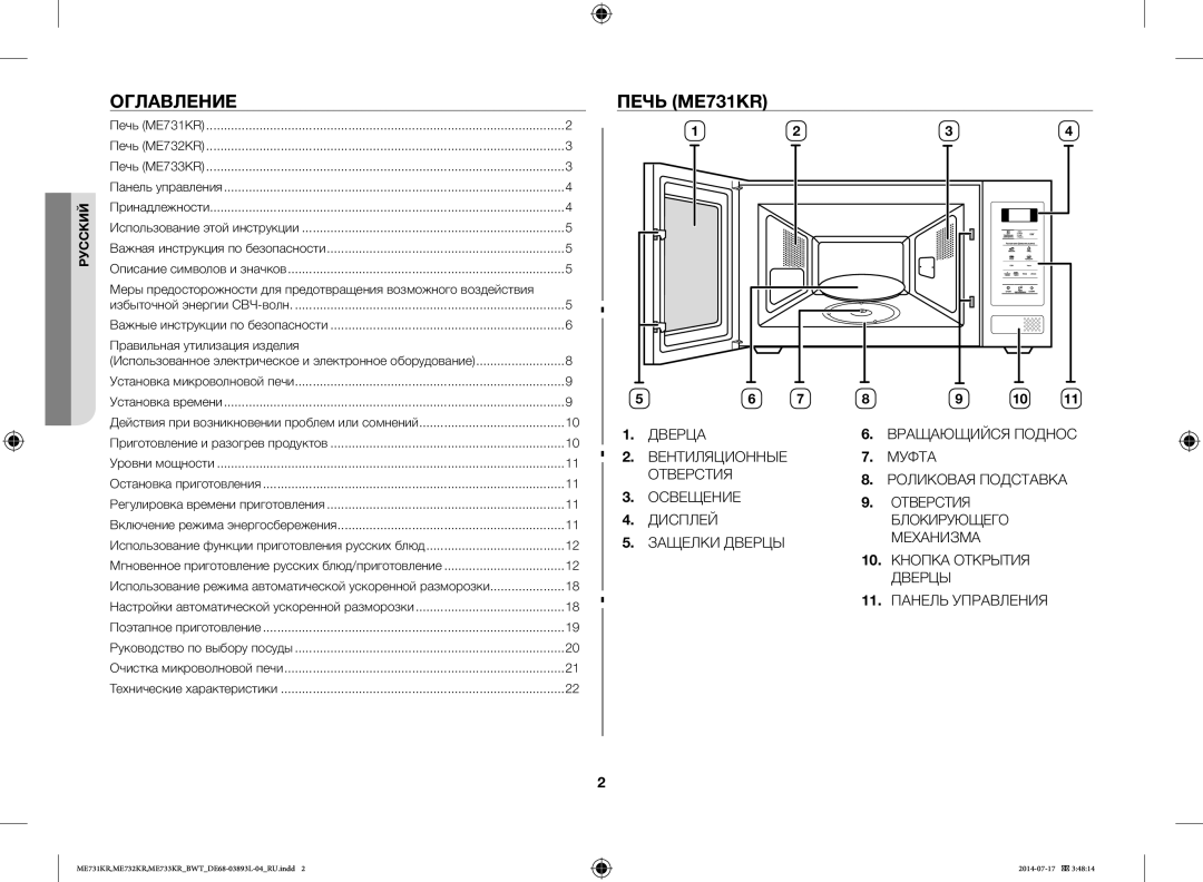 Samsung ME732KR-S/BWT, ME733KR/BWT, ME731KR/BWT, ME731KR-S/BWT, ME732KR-X/BWT manual Оглавление, Печь ME731KR, Дверца 