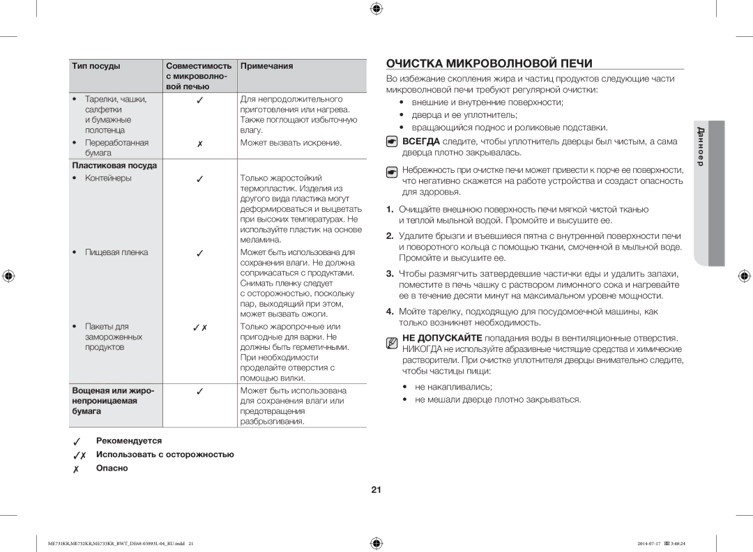 Samsung ME731KR/BWT, ME733KR/BWT manual Очистка Микроволновой Печи, Не накапливались Не мешали дверце плотно закрываться 