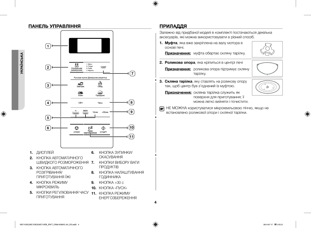 Samsung ME731KR-S/BWT, ME733KR/BWT, ME731KR/BWT, ME732KR-S/BWT, ME732KR-X/BWT manual Панель Управління, Приладдя 