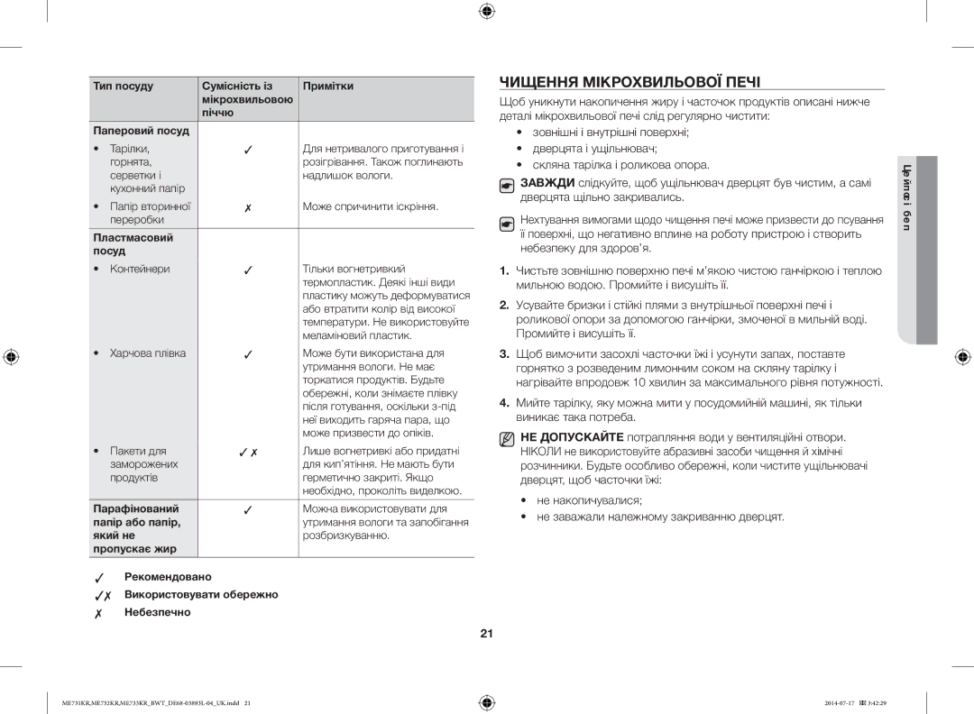 Samsung ME733KR/BWT, ME731KR/BWT Чищення Мікрохвильової Печі, Пластмасовий Посуд, Парафінований, Папір або папір, Який не 