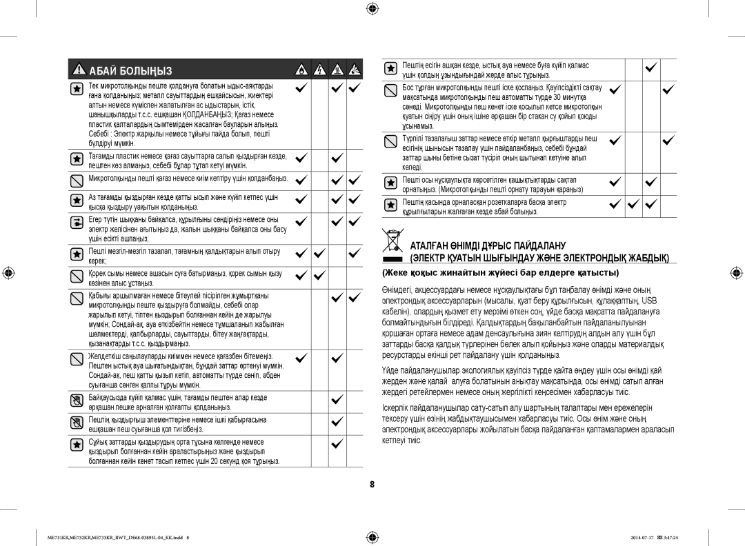 Samsung ME731KR/BWT, ME733KR/BWT, ME732KR-S/BWT, ME731KR-S/BWT Абай Болыңыз, Жеке қоқыс жинайтын жүйесі бар елдерге қатысты 