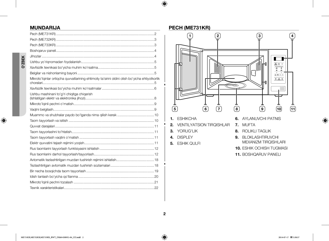 Samsung ME732KR-X/BWT, ME733KR/BWT, ME731KR/BWT, ME732KR-S/BWT, ME731KR-S/BWT manual Mundarija, Pech ME731KR 