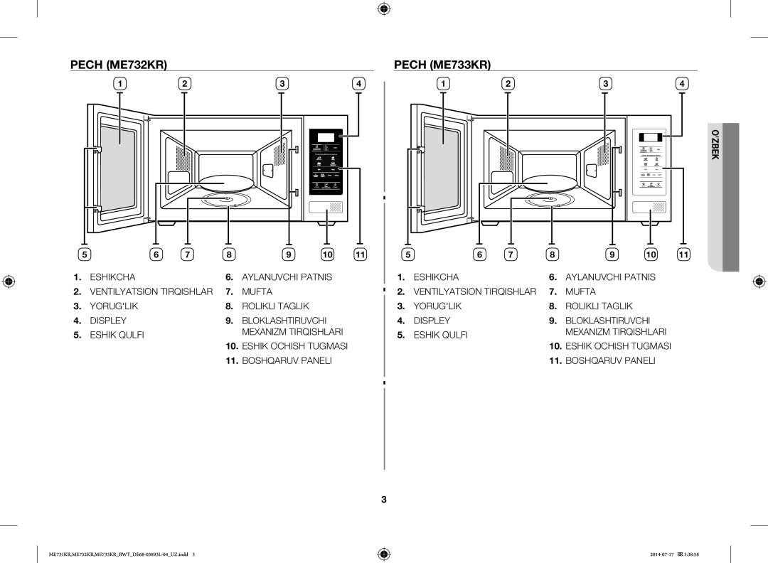 Samsung ME733KR/BWT, ME731KR/BWT, ME732KR-S/BWT manual Pech ME732KR, Pech ME733KR, Eshik Ochish Tugmasi Boshqaruv Paneli 