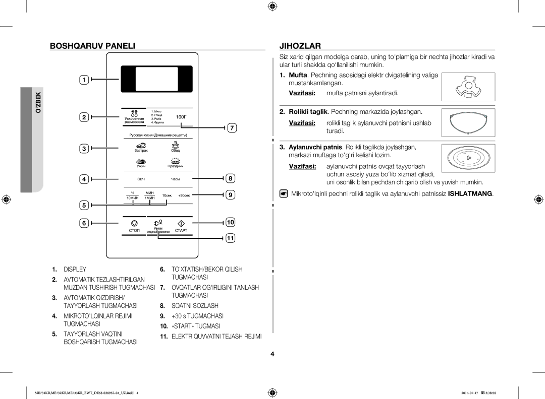 Samsung ME731KR/BWT, ME733KR/BWT, ME732KR-S/BWT, ME731KR-S/BWT, ME732KR-X/BWT manual Boshqaruv Paneli, Jihozlar 