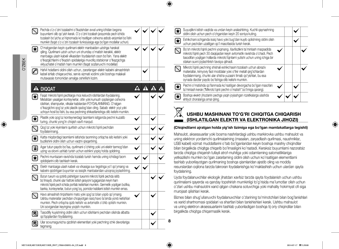 Samsung ME733KR/BWT, ME731KR/BWT, ME732KR-S/BWT, ME731KR-S/BWT, ME732KR-X/BWT manual Diqqat 