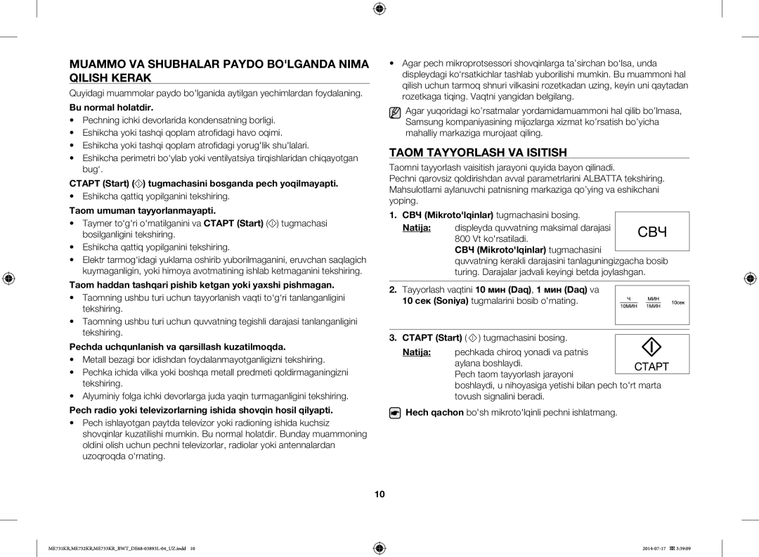 Samsung ME732KR-S/BWT, ME733KR/BWT manual Muammo VA Shubhalar Paydo Bolganda Nima Qilish Kerak, Taom Tayyorlash VA Isitish 