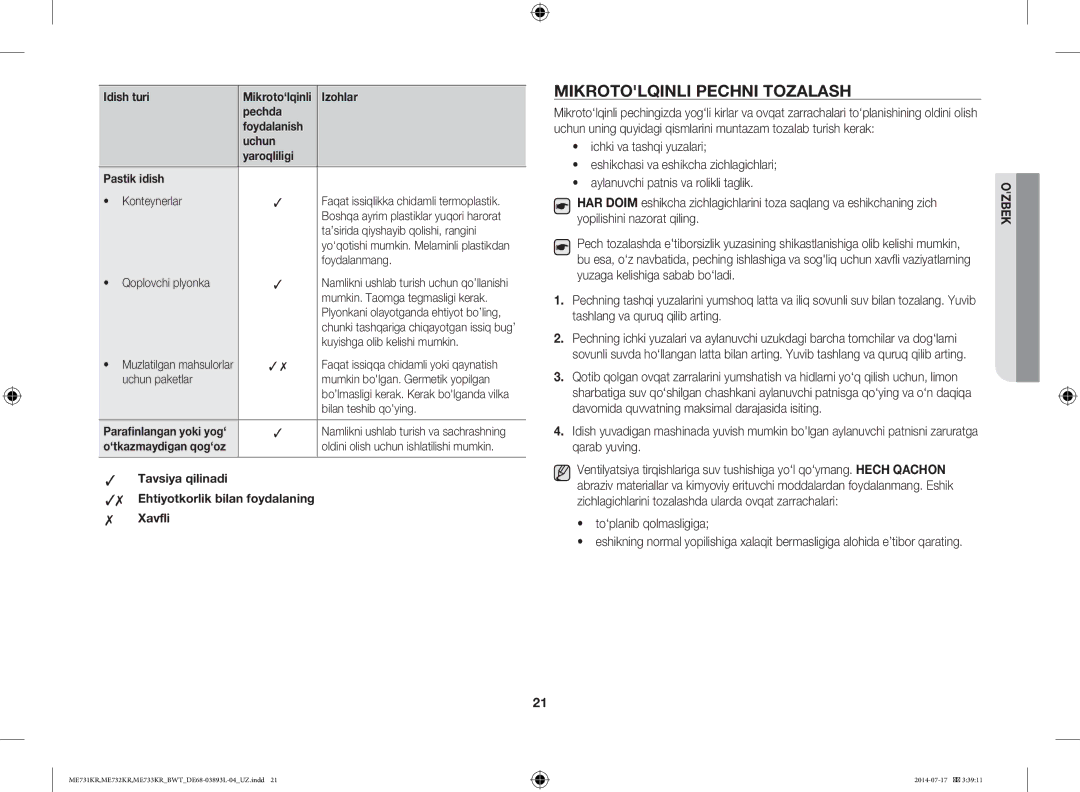 Samsung ME731KR-S/BWT, ME733KR/BWT, ME731KR/BWT, ME732KR-S/BWT manual Mikrotolqinli Pechni Tozalash, To‘planib qolmasligiga 