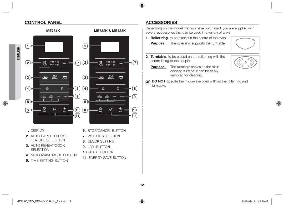 Samsung ME733K/XEG, ME731K/XEO manual Control Panel, Accessories 