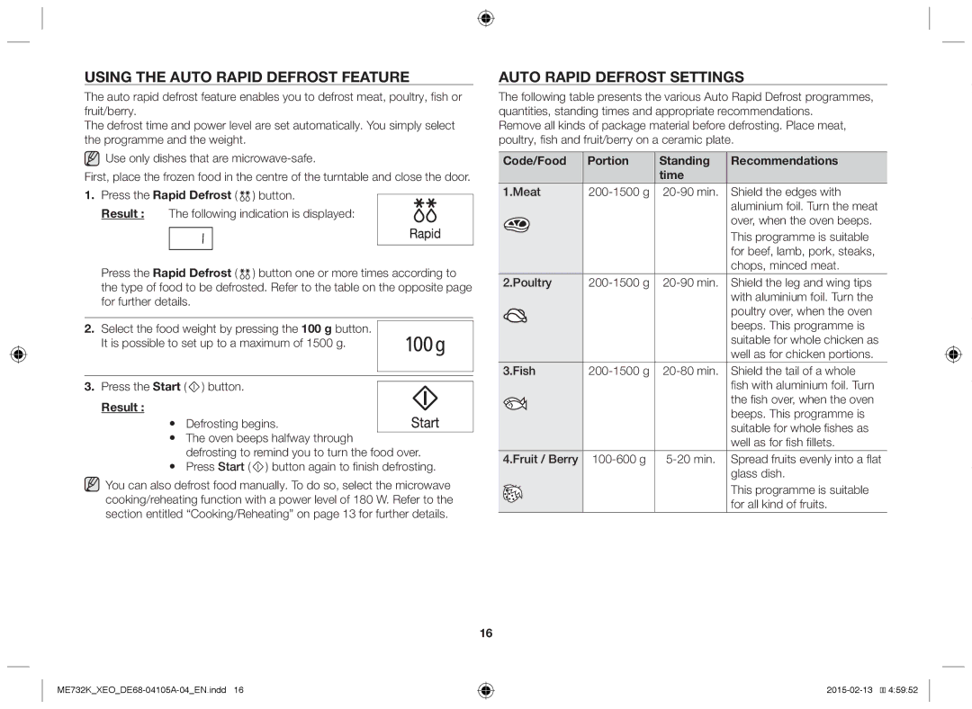 Samsung ME733K/XEG, ME731K/XEO manual Using the Auto Rapid Defrost Feature, Auto Rapid Defrost Settings 