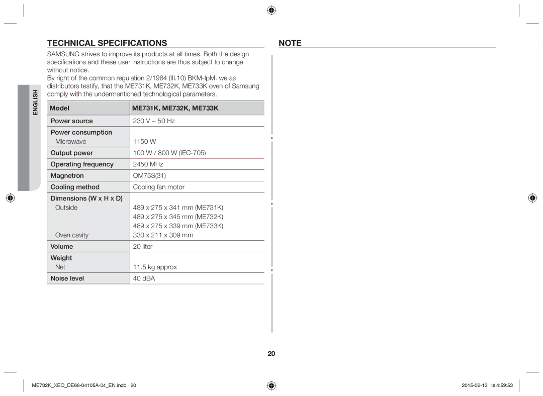 Samsung ME733K/XEG, ME731K/XEO manual Technical Specifications, Model ME731K, ME732K, ME733K 