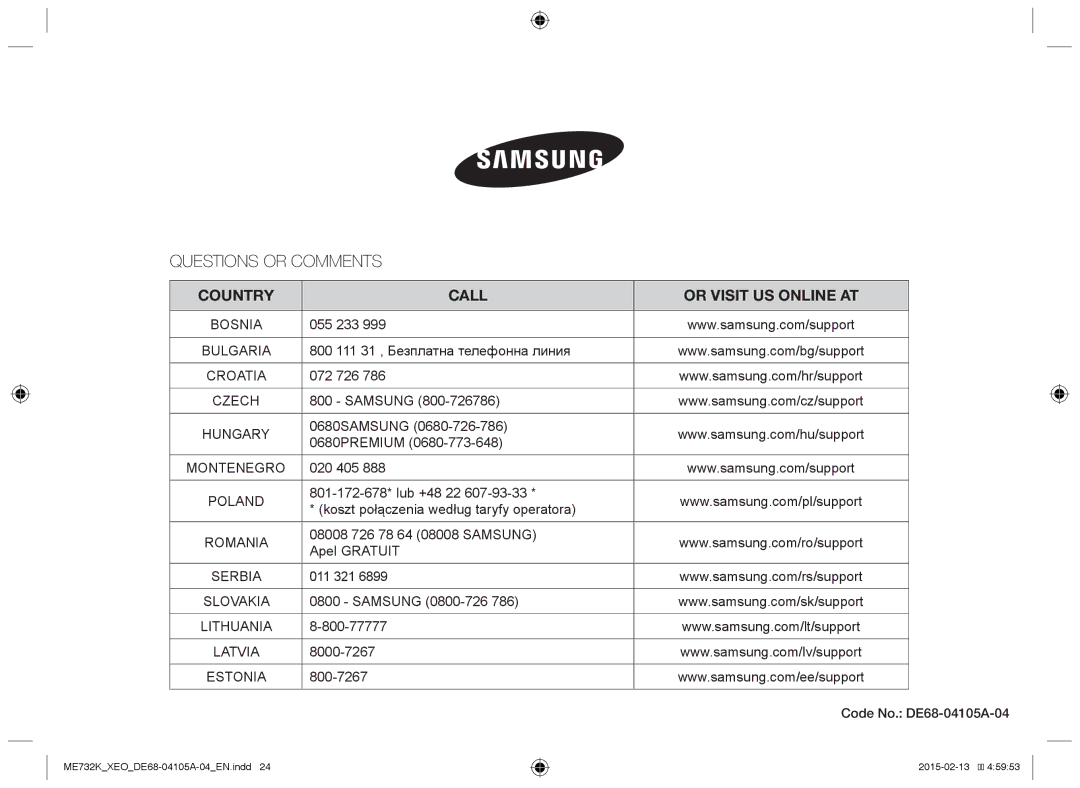 Samsung ME733K/XEG, ME731K/XEO manual Questions or Comments 