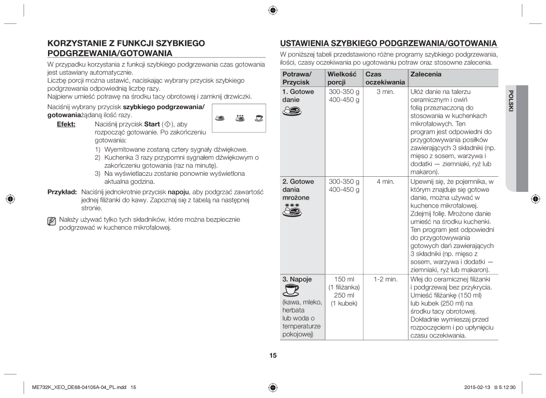 Samsung ME731K/XEO Korzystanie Z Funkcji Szybkiego PODGRZEWANIA/GOTOWANIA, Ustawienia Szybkiego PODGRZEWANIA/GOTOWANIA 