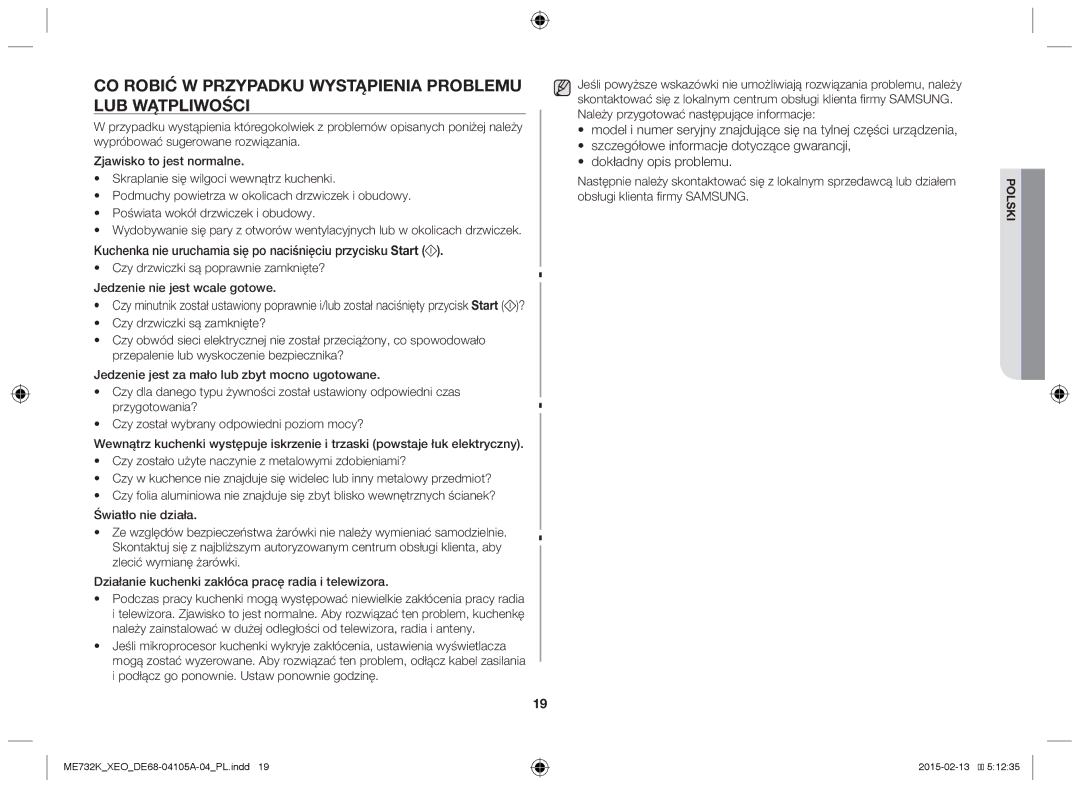 Samsung ME731K/XEO, ME733K/XEG manual CO Robić W Przypadku Wystąpienia Problemu LUB Wątpliwości 