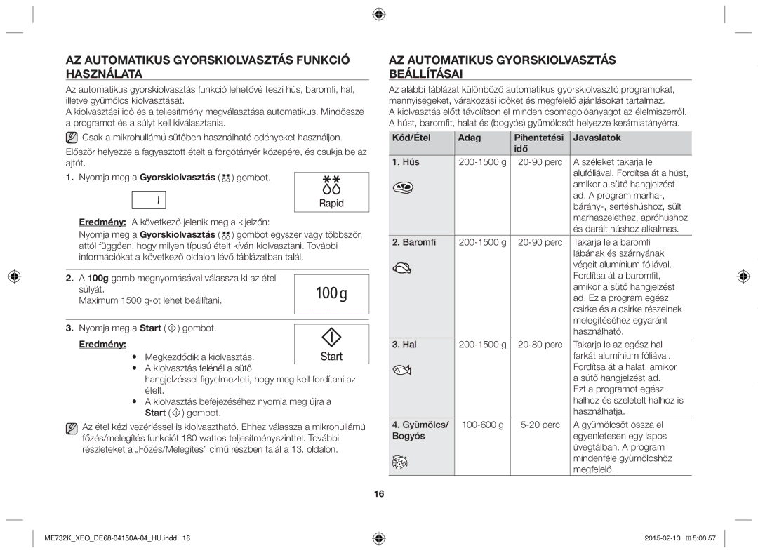 Samsung ME733K/XEG manual AZ Automatikus Gyorskiolvasztás Funkció Használata, AZ Automatikus Gyorskiolvasztás Beállításai 