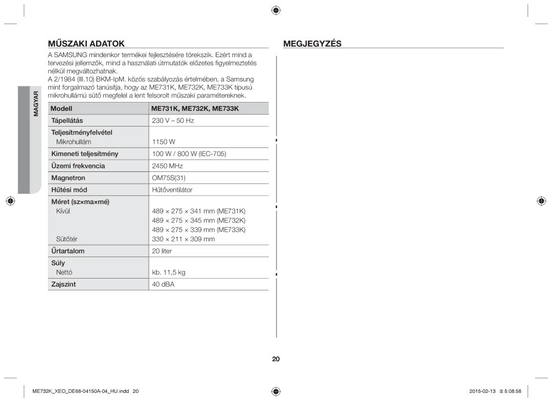 Samsung ME733K/XEG, ME731K/XEO manual Műszaki Adatok Megjegyzés, Modell ME731K, ME732K, ME733K 