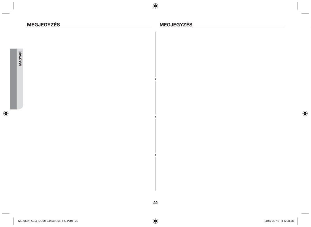 Samsung ME733K/XEG, ME731K/XEO manual Megjegyzés 