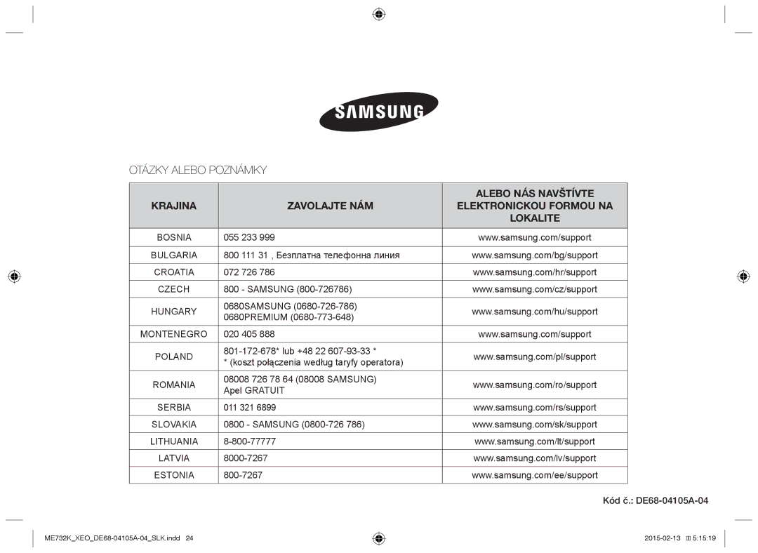 Samsung ME733K/XEG, ME731K/XEO manual Otázky Alebo Poznámky 