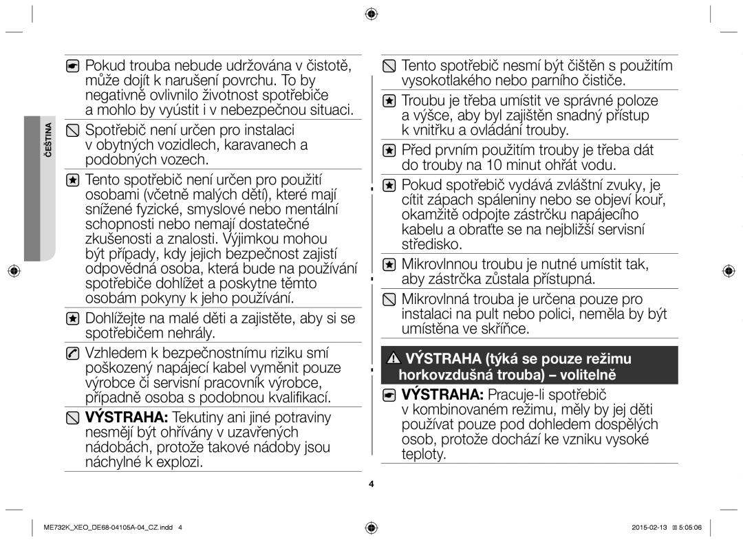 Samsung ME733K/XEG, ME731K/XEO manual Výstraha týká se pouze režimu horkovzdušná trouba volitelně 