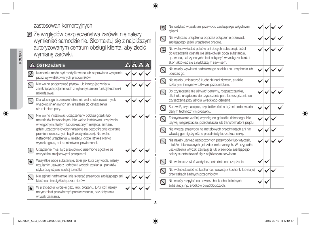 Samsung ME733K/XEG, ME731K/XEO manual Zastosowań komercyjnych, Ostrzeżenie 