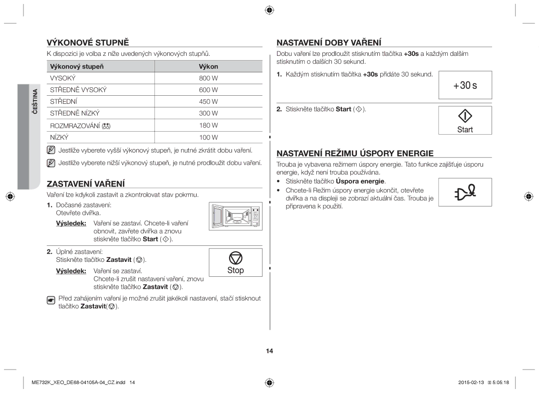 Samsung ME733K/XEG, ME731K/XEO Výkonové Stupně, Nastavení Doby Vaření, Zastavení Vaření, Nastavení Režimu Úspory Energie 