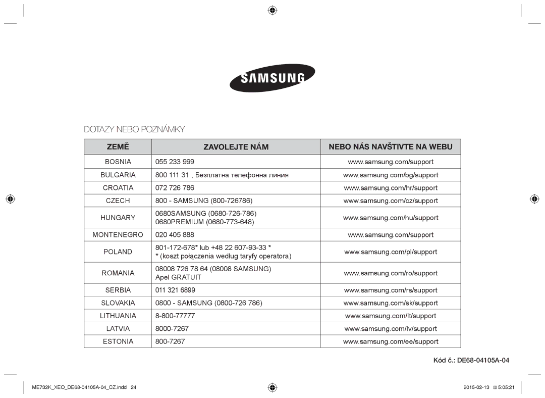 Samsung ME733K/XEG, ME731K/XEO manual Dotazy Nebo Poznámky 