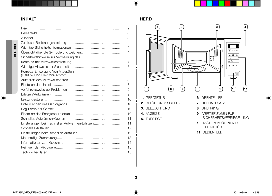 Samsung ME733K/XEG manual Inhalt, Herd, Sicherheitshinweise zur Vermeidung des, Korrekte Entsorgung Von Altgeräten 