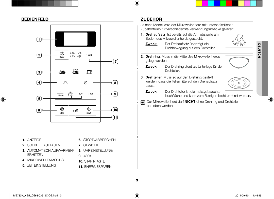 Samsung ME733K/XEG manual Bedienfeld, Zubehör, Zweck 