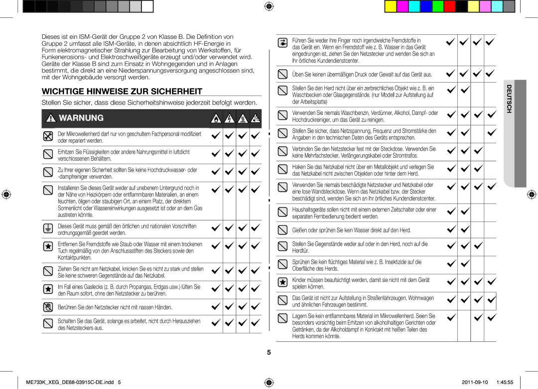 Samsung ME733K/XEG manual Wichtige Hinweise ZUR Sicherheit, Warnung 