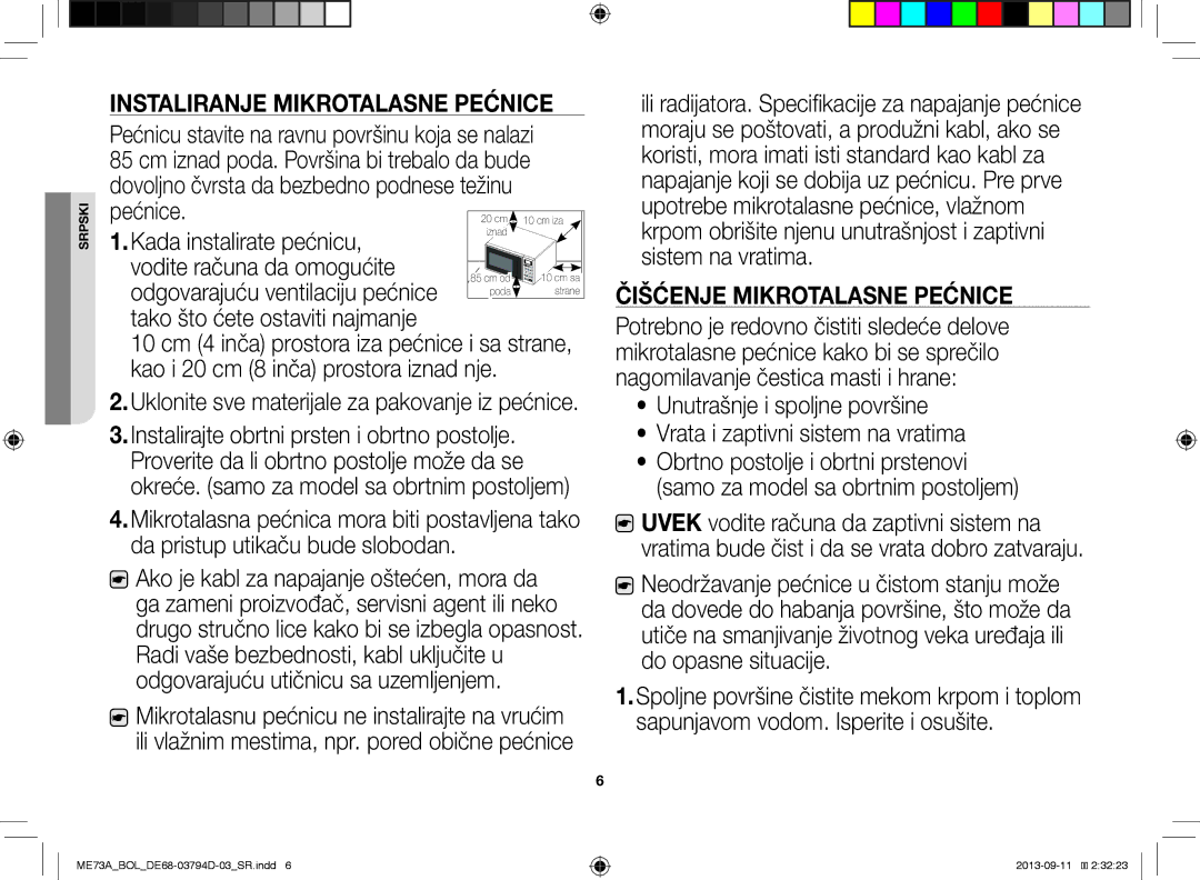 Samsung ME73A/BOL, ME73A/XEO manual Čišćenje Mikrotalasne Pećnice, Instaliranje Mikrotalasne Pećnice 