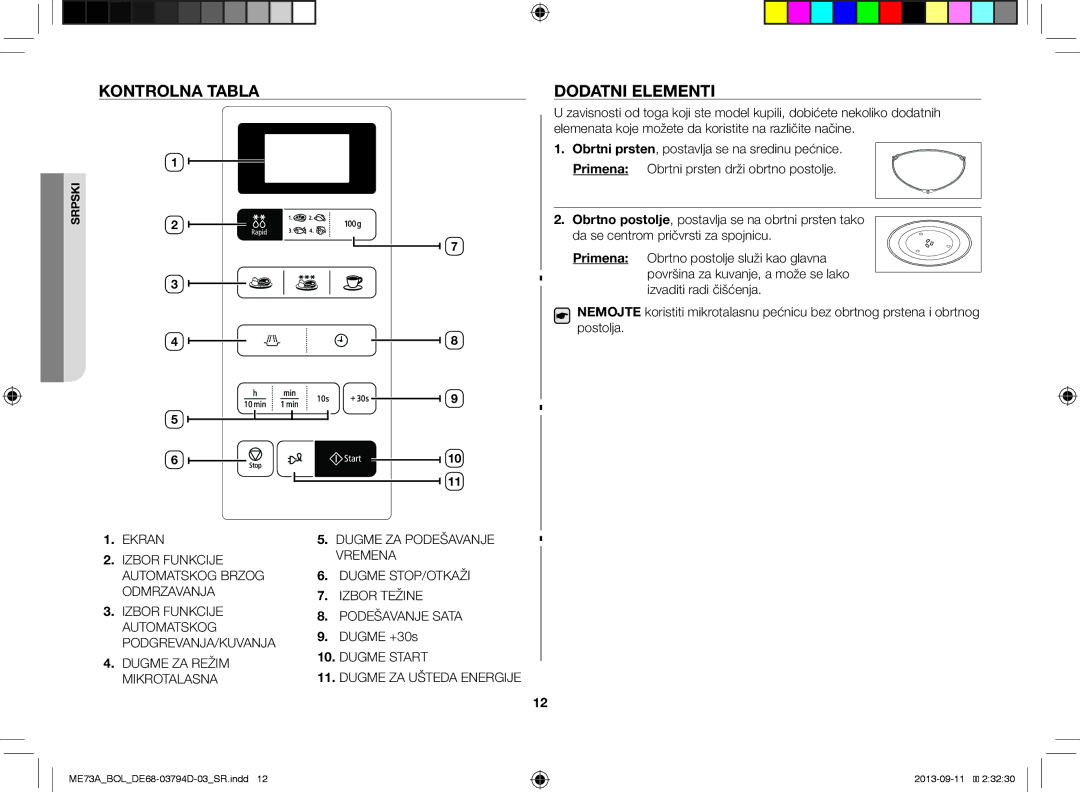 Samsung ME73A/BOL, ME73A/XEO manual Kontrolna Tabla, Dodatni Elementi, Dugme +30s 