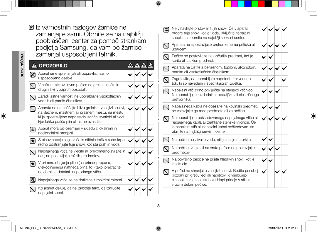 Samsung ME73A/BOL, ME73A/XEO manual Opozorilo 