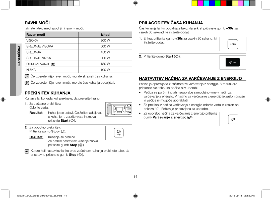 Samsung ME73A/BOL Ravni Moči, Prekinitev Kuhanja, Prilagoditev Časa Kuhanja, Nastavitev Načina ZA Varčevanje Z Energijo 