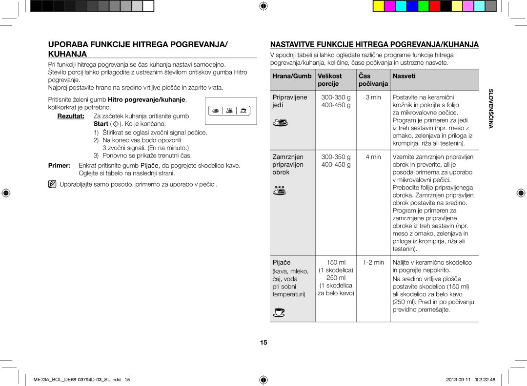 Samsung ME73A/XEO, ME73A/BOL manual Uporaba Funkcije Hitrega POGREVANJA/ Kuhanja, Hrana/Gumb Velikost Čas Nasveti Porcije 