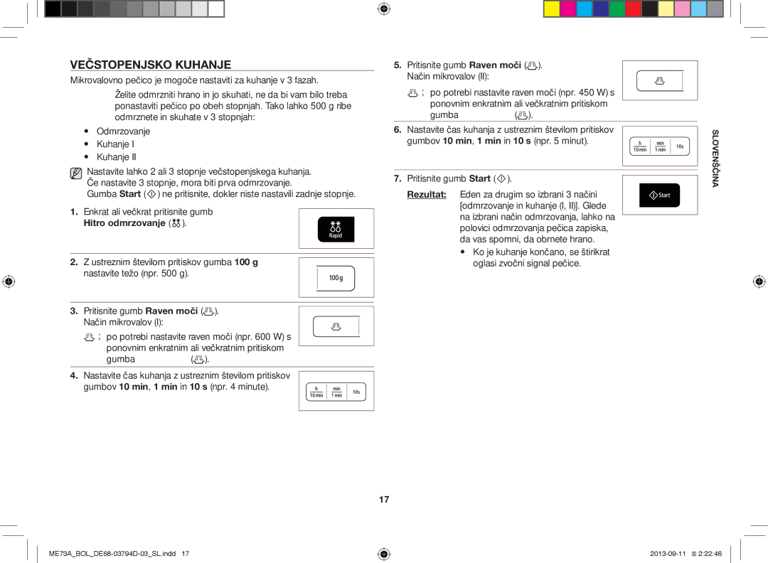 Samsung ME73A/XEO, ME73A/BOL manual Večstopenjsko Kuhanje, Hitro odmrzovanje 