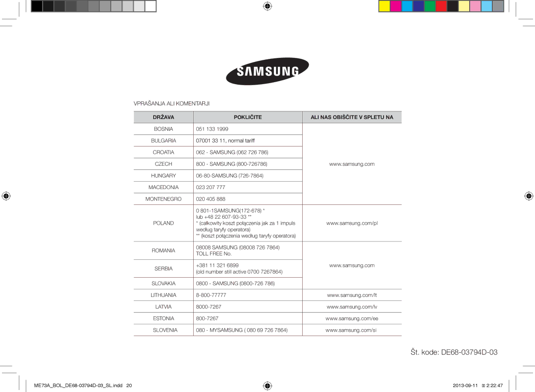 Samsung ME73A/BOL, ME73A/XEO manual Št. kode DE68-03794D-03 