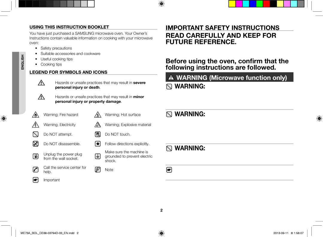 Samsung ME73A/BOL Read Carefully and Keep for Future Reference, This appliance is intended to be used in household only 