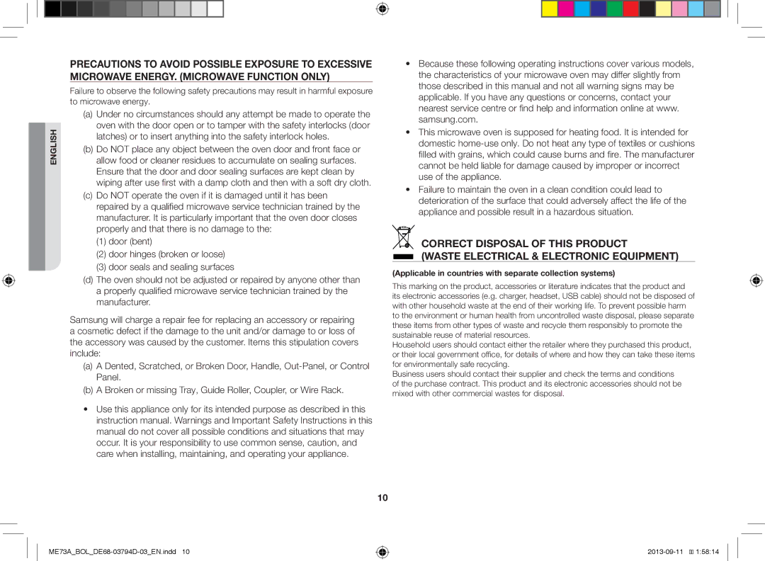 Samsung ME73A/BOL, ME73A/XEO manual Applicable in countries with separate collection systems 