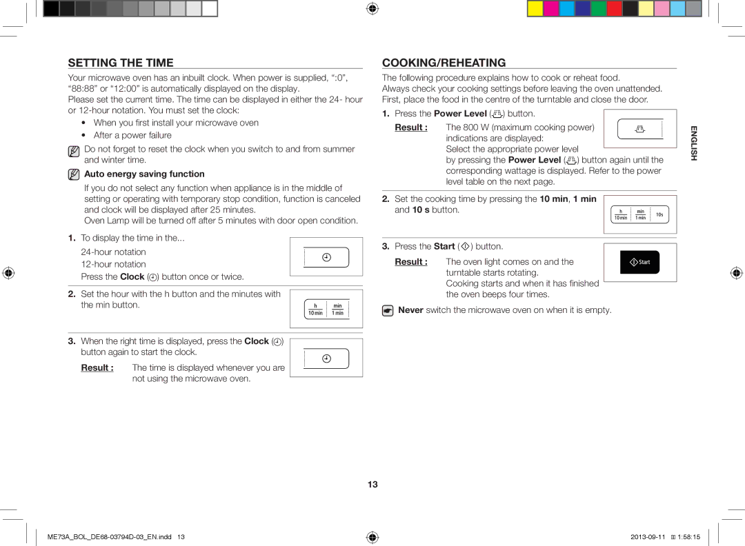 Samsung ME73A/XEO, ME73A/BOL manual Setting the Time, Cooking/Reheating, Auto energy saving function, Result 