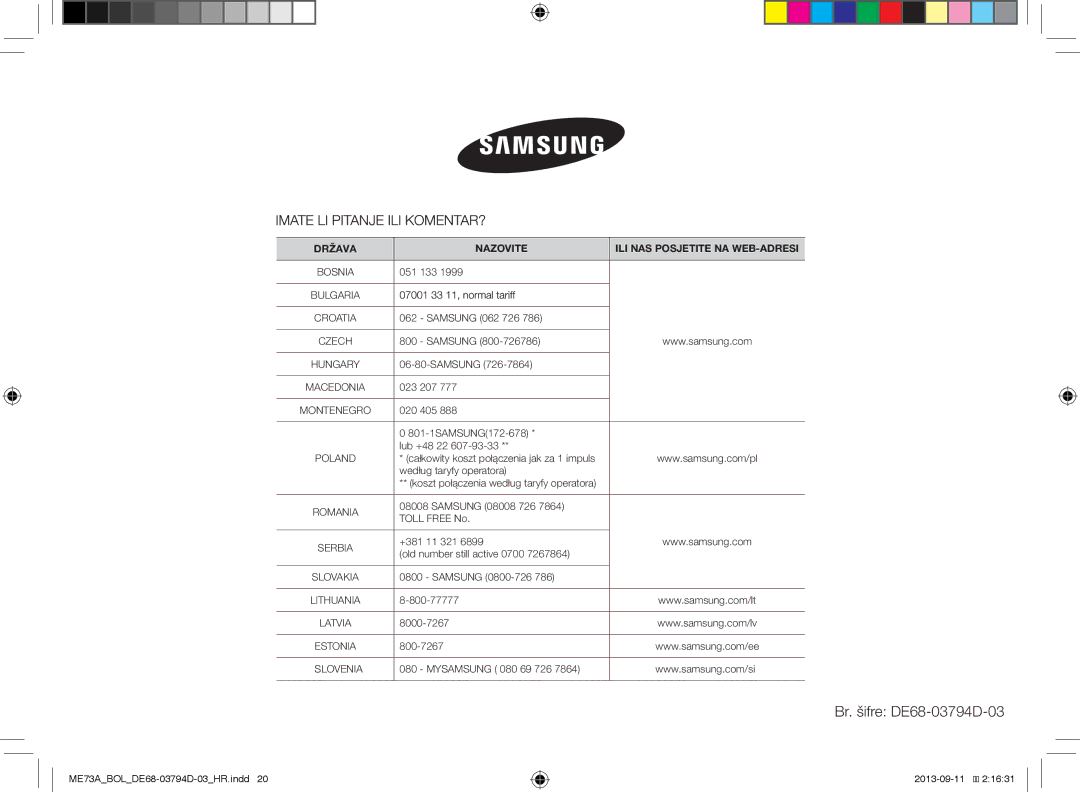 Samsung ME73A/BOL, ME73A/XEO manual Br. šifre DE68-03794D-03 